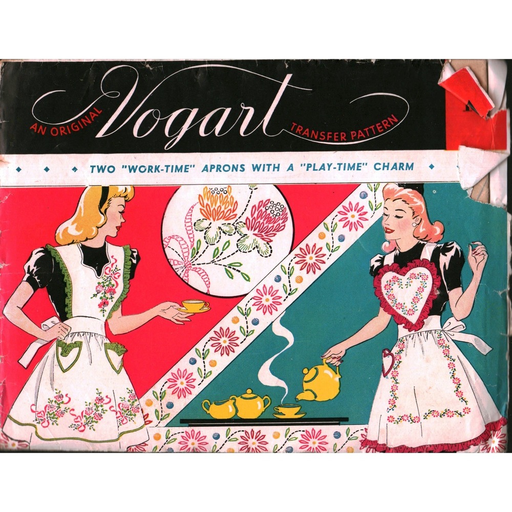 Vintage Vogart Transfer Pattern 141 Two Work-Time Aprons Floral Embroidery Retro